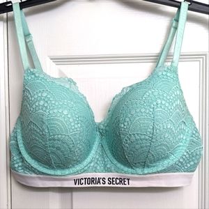 Victoria's Secret Light Teal Blue Lace & Logo Band Lined Demi Bra 38 C